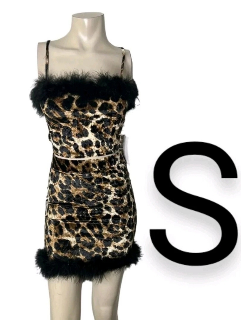 🆕Velvet Leopard Print Furry Trim Two Piece Crop Top & Skirt Set~ Size S